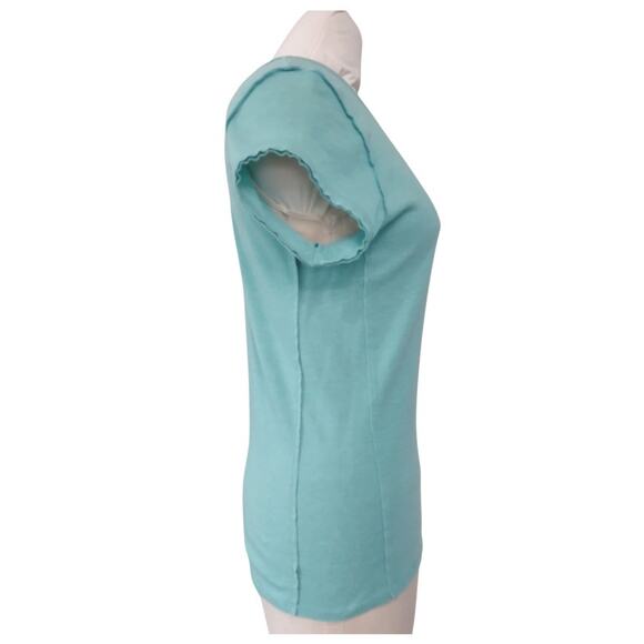 Free People Sculpted V-neck Cap Sleeve T-shirt Size L Turquoise Knit Casual Top - Picture 2 of 8